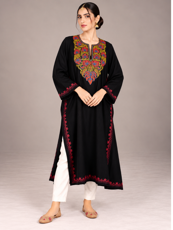 Black Kashmiri Pheran with Mustard & Mauve Floral Embroidery – KAARKASH