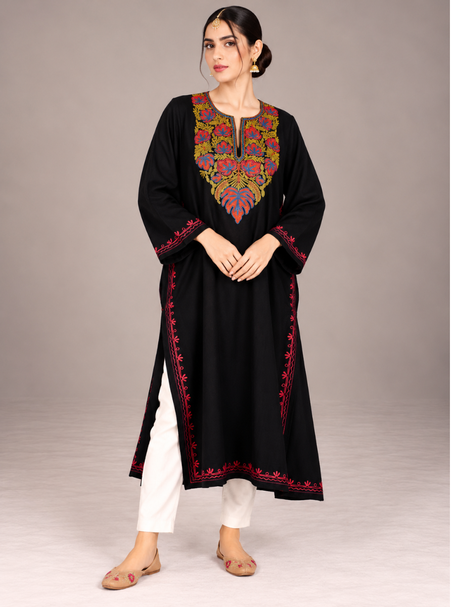 Black Kashmiri Pheran with Mustard & Mauve Floral Embroidery – KAARKASH