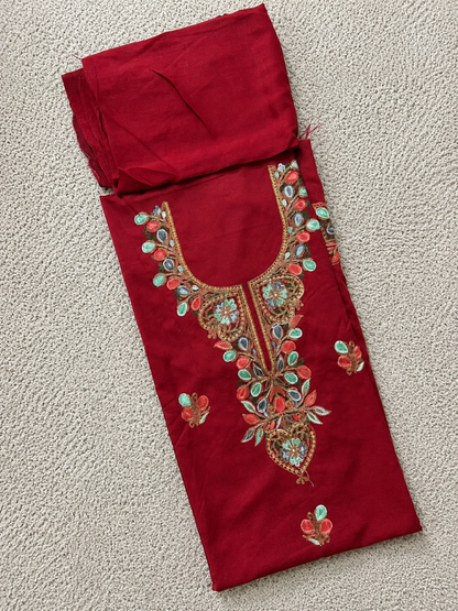 Kashmiri Botti Aari 3 Piece Unstitched Suit  | Red