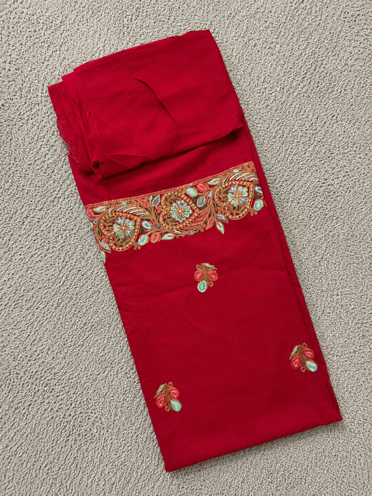 Kashmiri Botti Aari 3 Piece Unstitched Suit  | Red