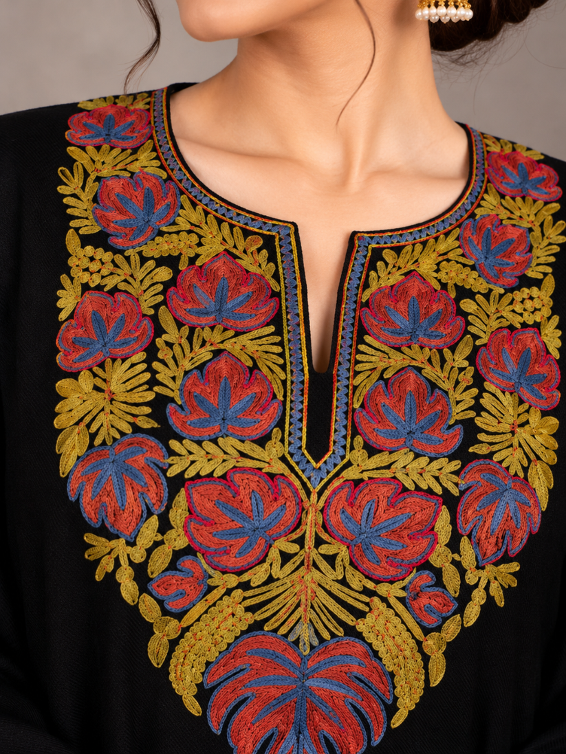Black Kashmiri Pheran with Mustard & Mauve Floral Embroidery – KAARKASH