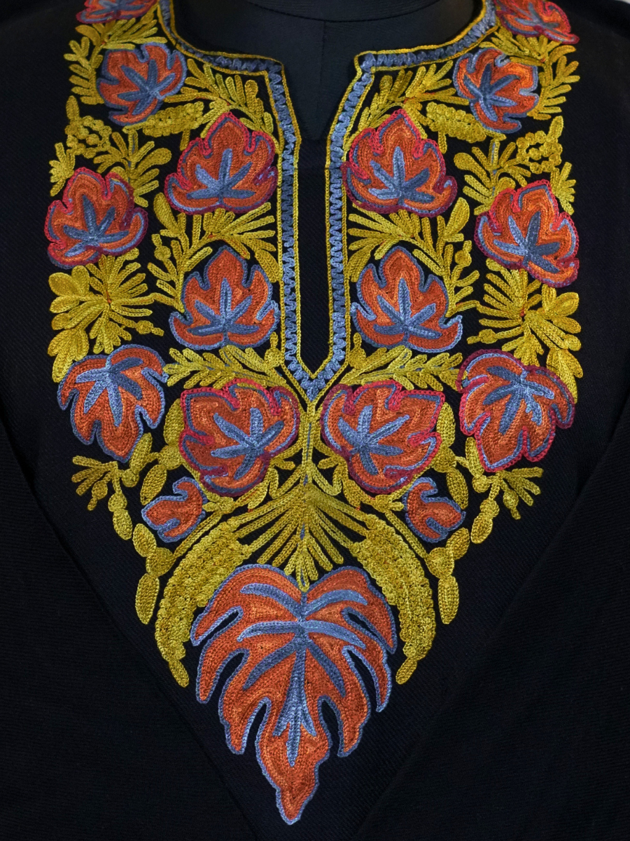 Black Kashmiri Pheran with Mustard & Mauve Floral Embroidery – KAARKASH