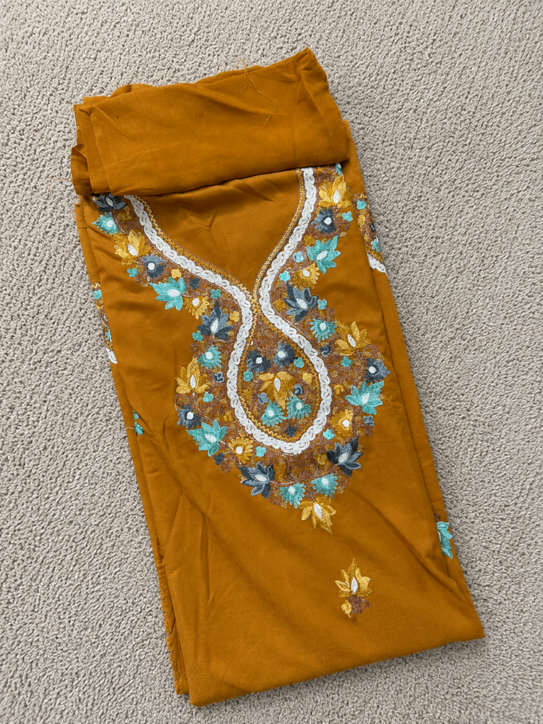 Kashmiri Botti Aari 3 Piece Unstitched Suit  | Mustard Yellow