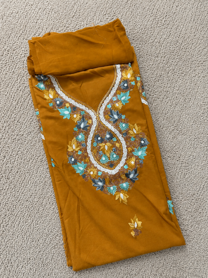Kashmiri Botti Aari 3 Piece Unstitched Suit  | Mustard Yellow