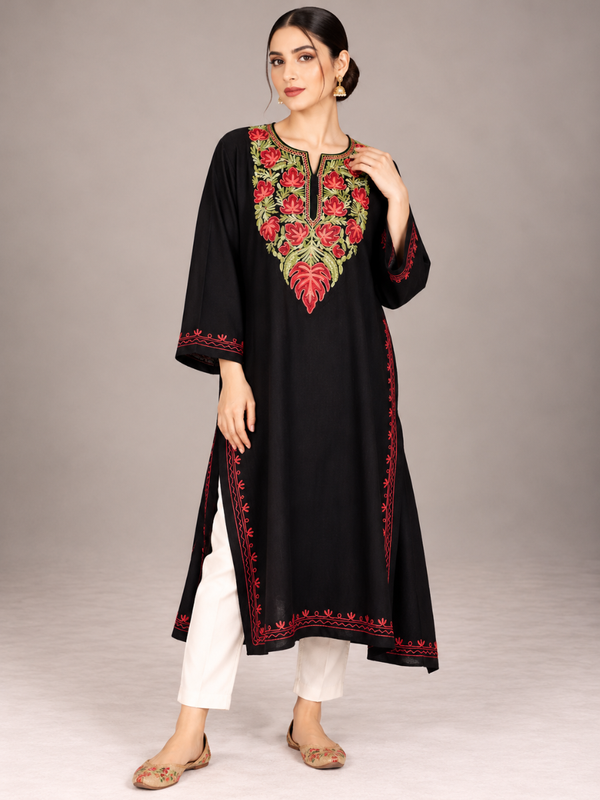 Black Kashmiri Pheran with Red & Green Chinar Embroidery – KAARKASH