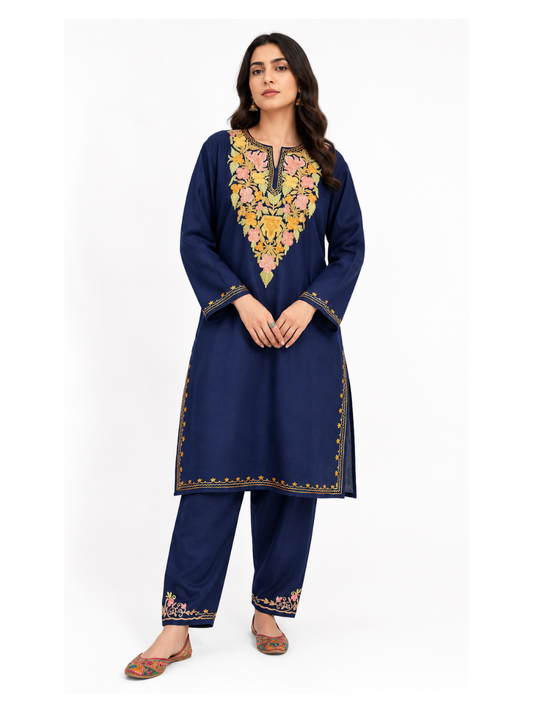 Kashmiri Manual Aari worked cotton Co-Ord Set | Indigo Blue