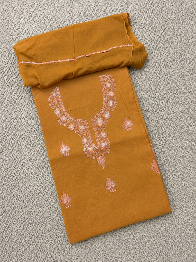 Kashmiri Botti Tilla 3 Piece Unstitched Alpine Cotton Suit | Brown