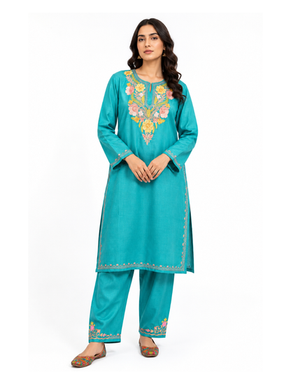 Kashmiri Manual Aari worked cotton Co-Ord Set | Ocean Breeze