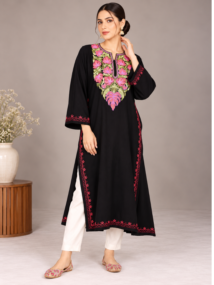 Black Kashmiri Pheran with Pink & Green Chinar Embroidery – KAARKASH