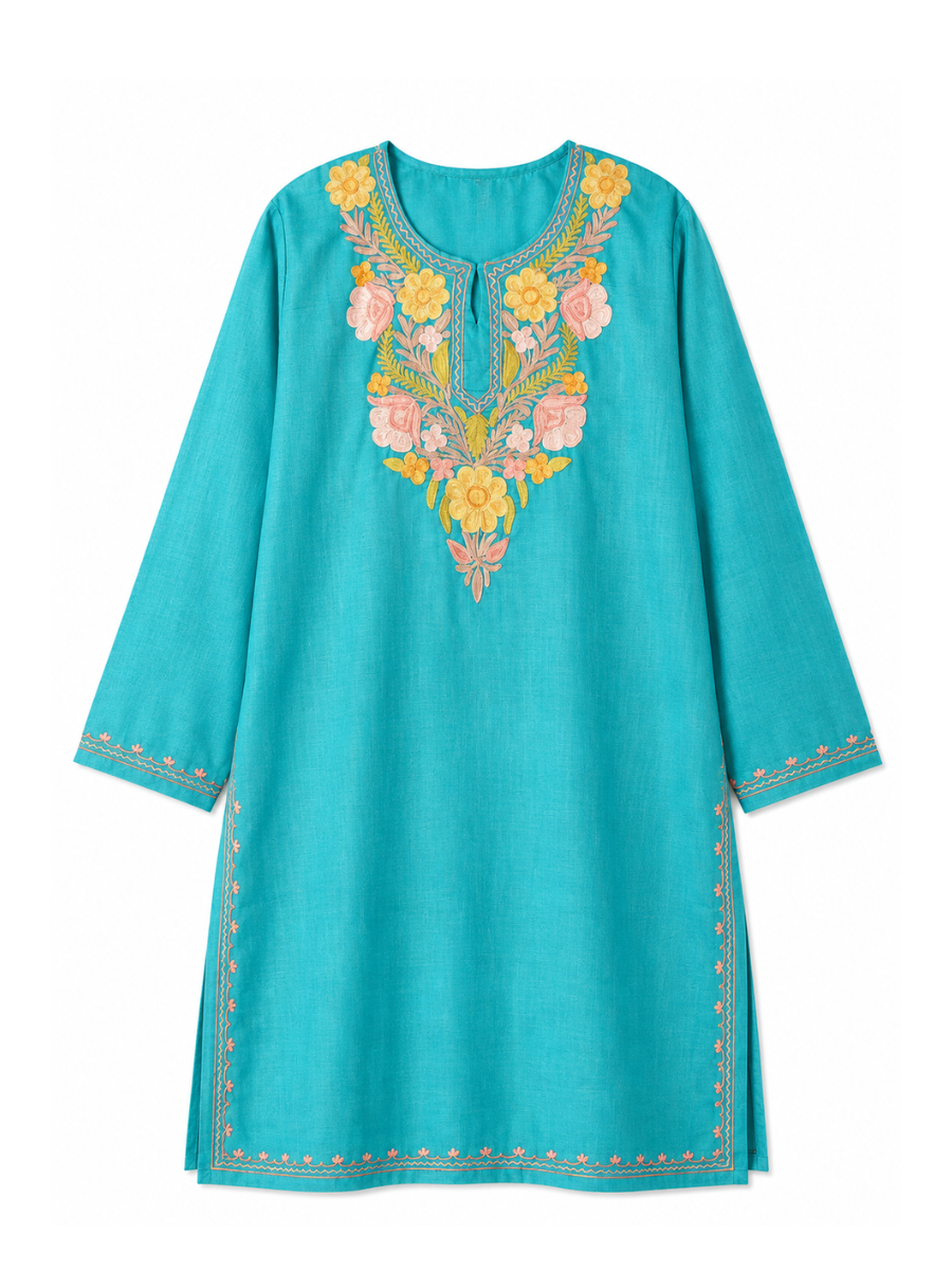 Kashmiri Manual Aari worked cotton Co-Ord Set | Ocean Breeze