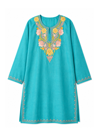 Kashmiri Manual Aari worked cotton Co-Ord Set | Ocean Breeze