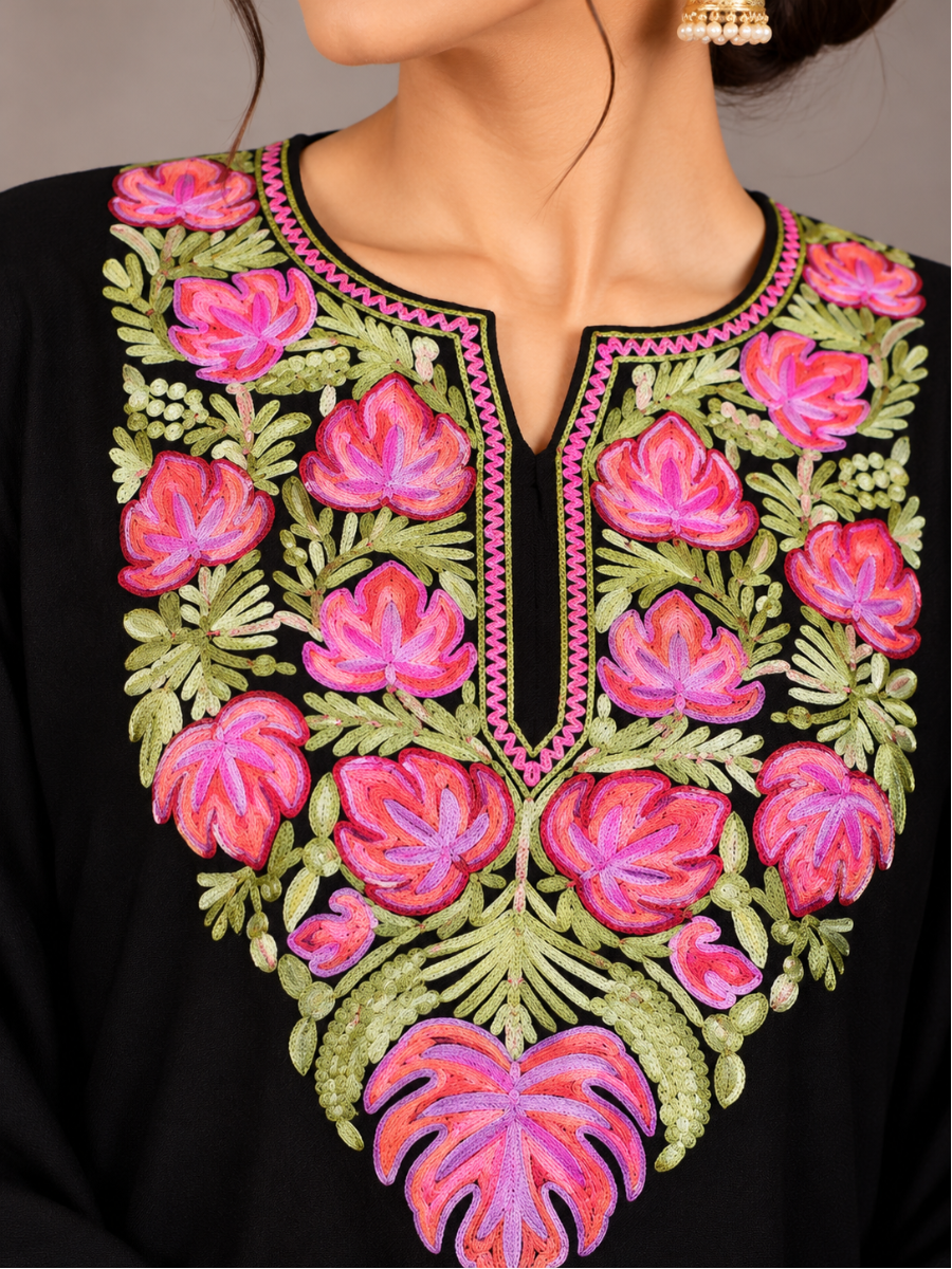 Black Kashmiri Pheran with Pink & Green Chinar Embroidery – KAARKASH
