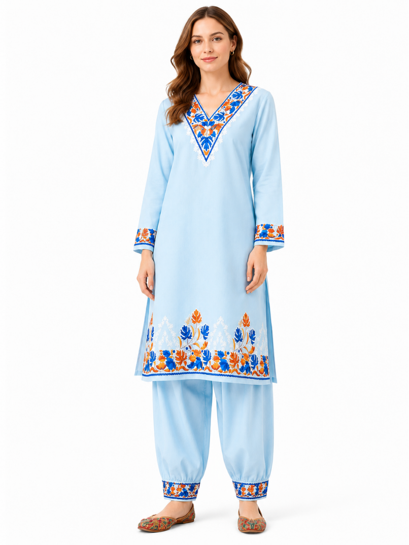 Noor : Kashmiri Aari embroidery summer Co-Ord Set | Aqua
