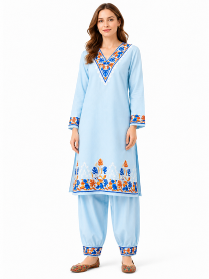 Noor : Kashmiri Aari embroidery summer Co-Ord Set | Aqua