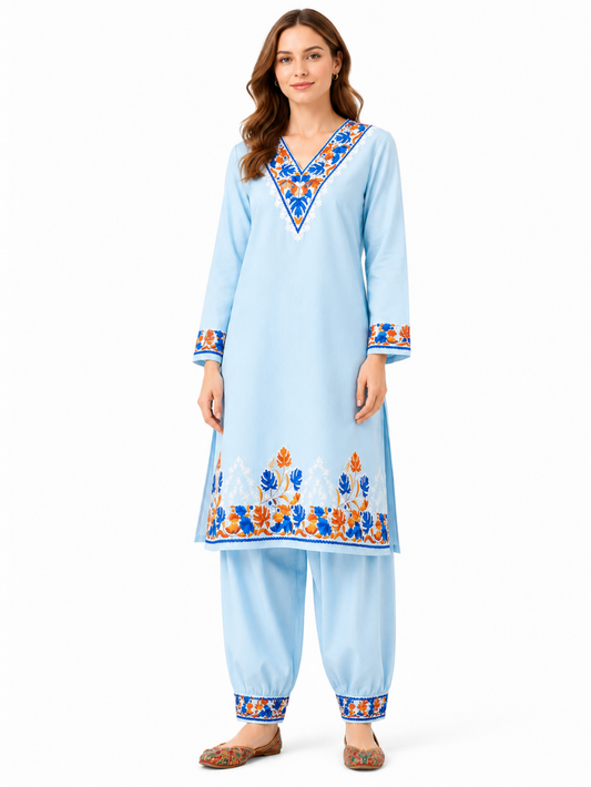 Noor : Kashmiri Aari embroidery summer Co-Ord Set | Aqua