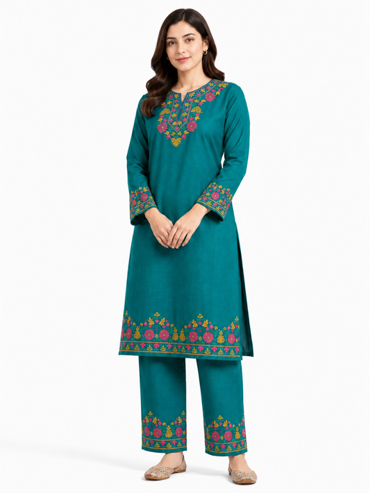 Kashmir Aari cotton Co-Ord Set | Dark Teal
