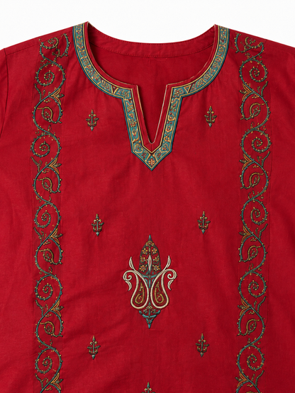 Noor : Sozni embroidery summer kurti | Red