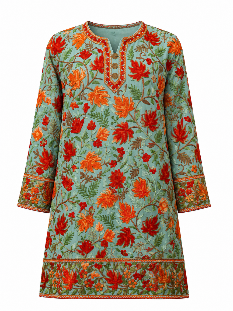 Noor : Chinar Embroidery Summer Kurti |  Green Georgette