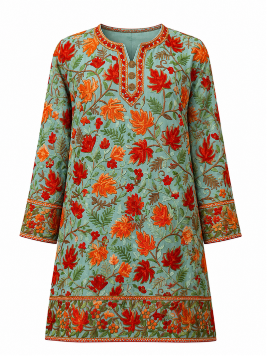 Noor : Chinar Embroidery Summer Kurti |  Green Georgette