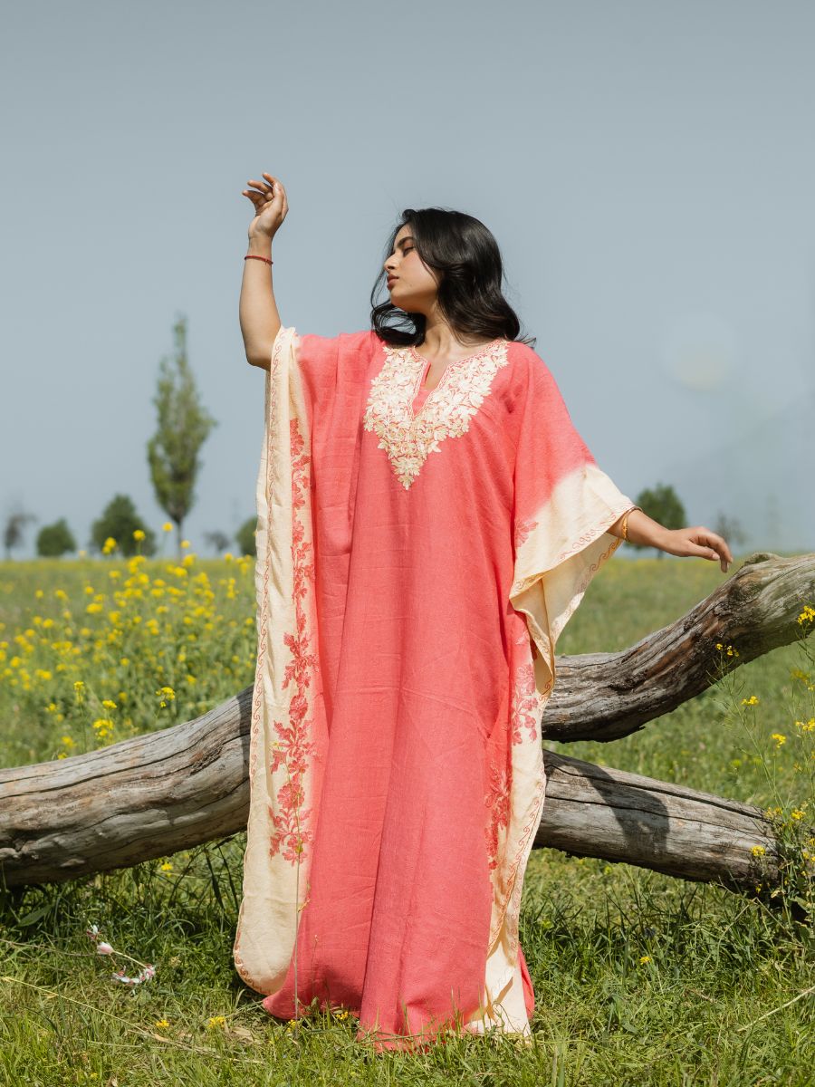 Coral Sunset Cotton Kaftan with Vanilla Cream Aari Embroidery - KaarKash