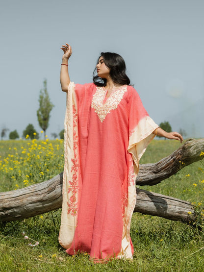 Coral Sunset Cotton Kaftan with Vanilla Cream Aari Embroidery - KaarKash