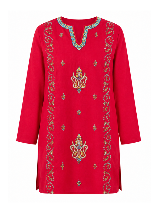 Noor : Sozni embroidery summer kurti | Red