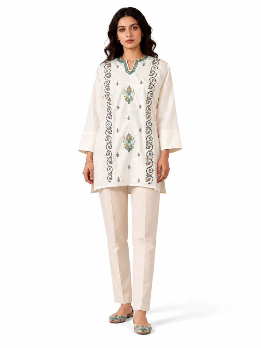 Noor : Sozni embroidery summer kurti | White with Ferozi work