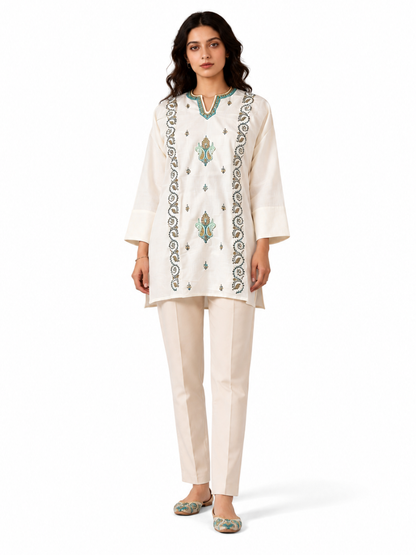 Noor : Sozni embroidery summer kurti | White with Ferozi work