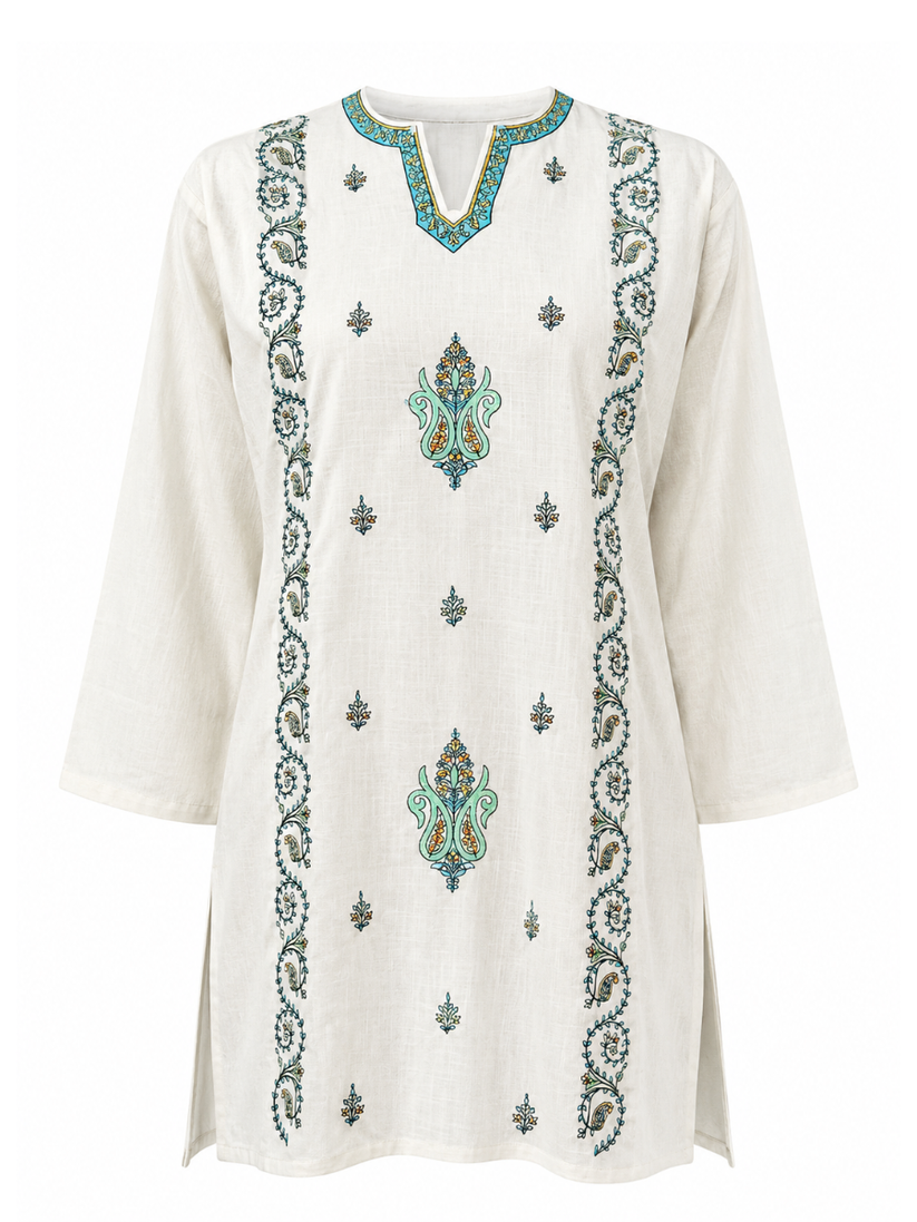Noor : Sozni embroidery summer kurti | White with Ferozi work