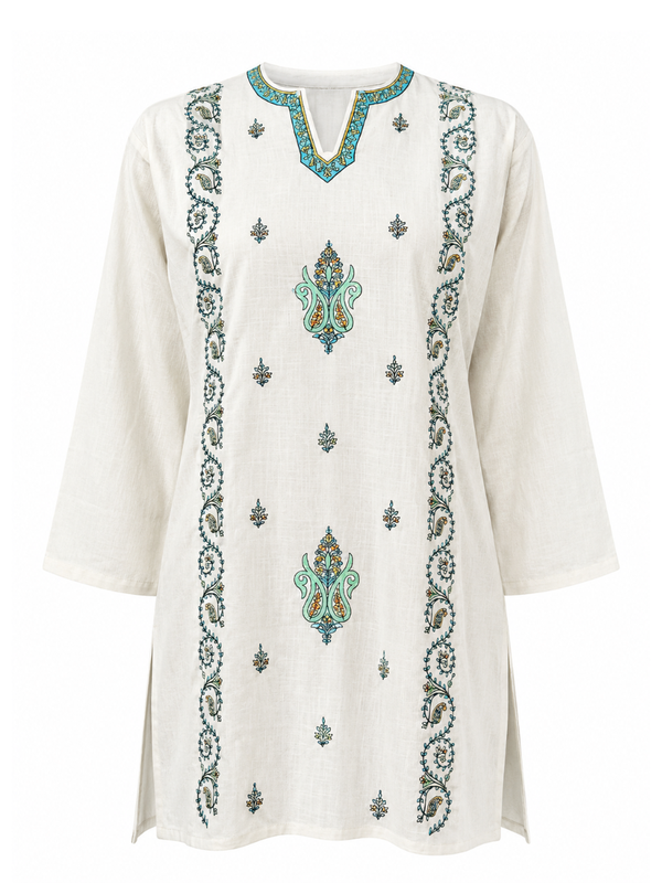 Noor : Sozni embroidery summer kurti | White with Ferozi work