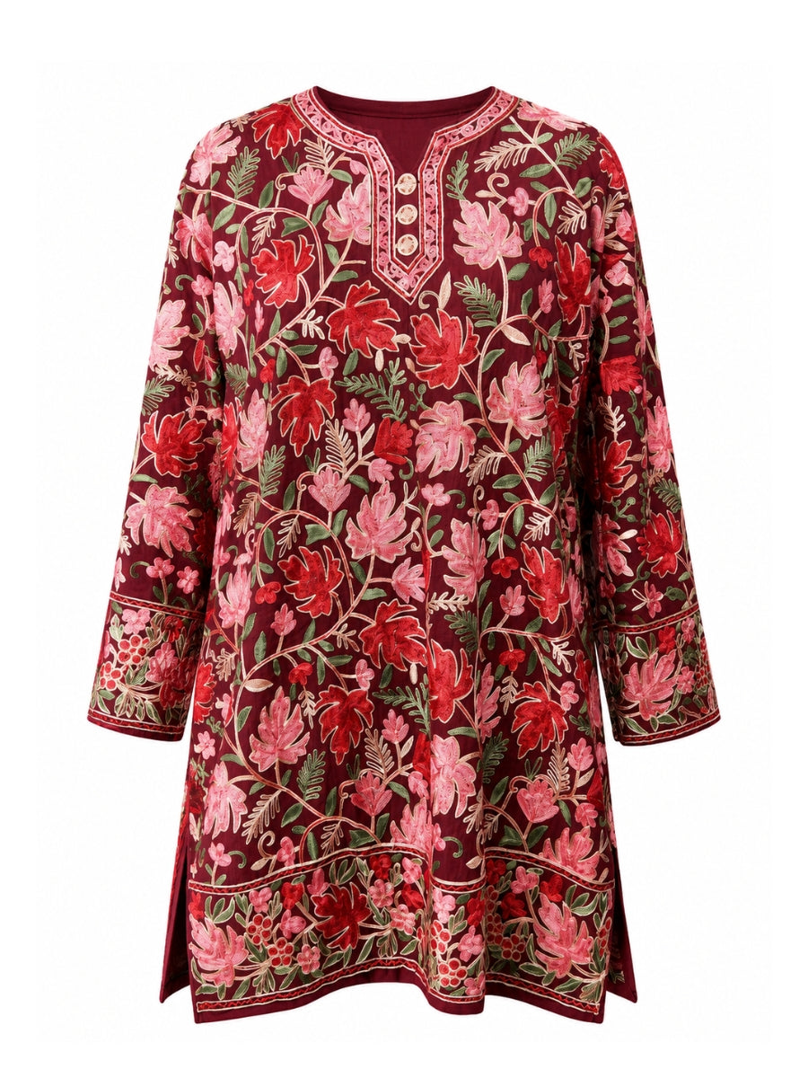 Noor : chinar embroidery summer kurti | Dark Red