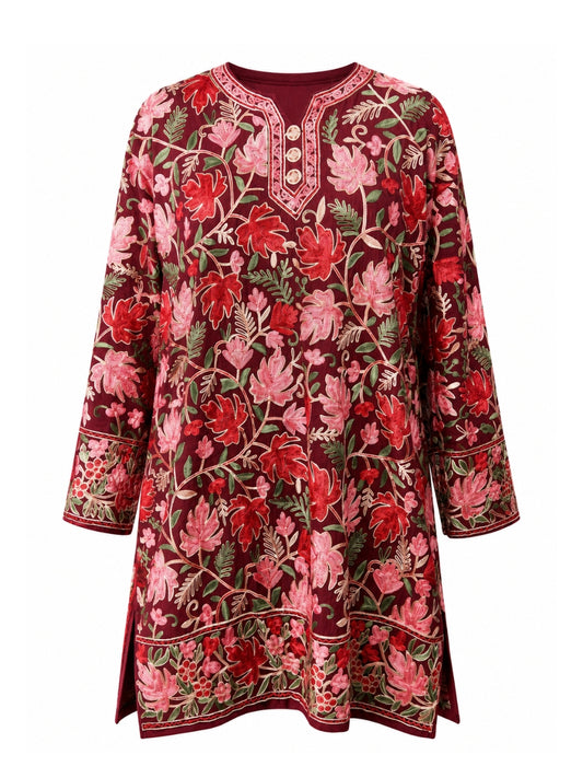 Noor : chinar embroidery summer kurti | Dark Red