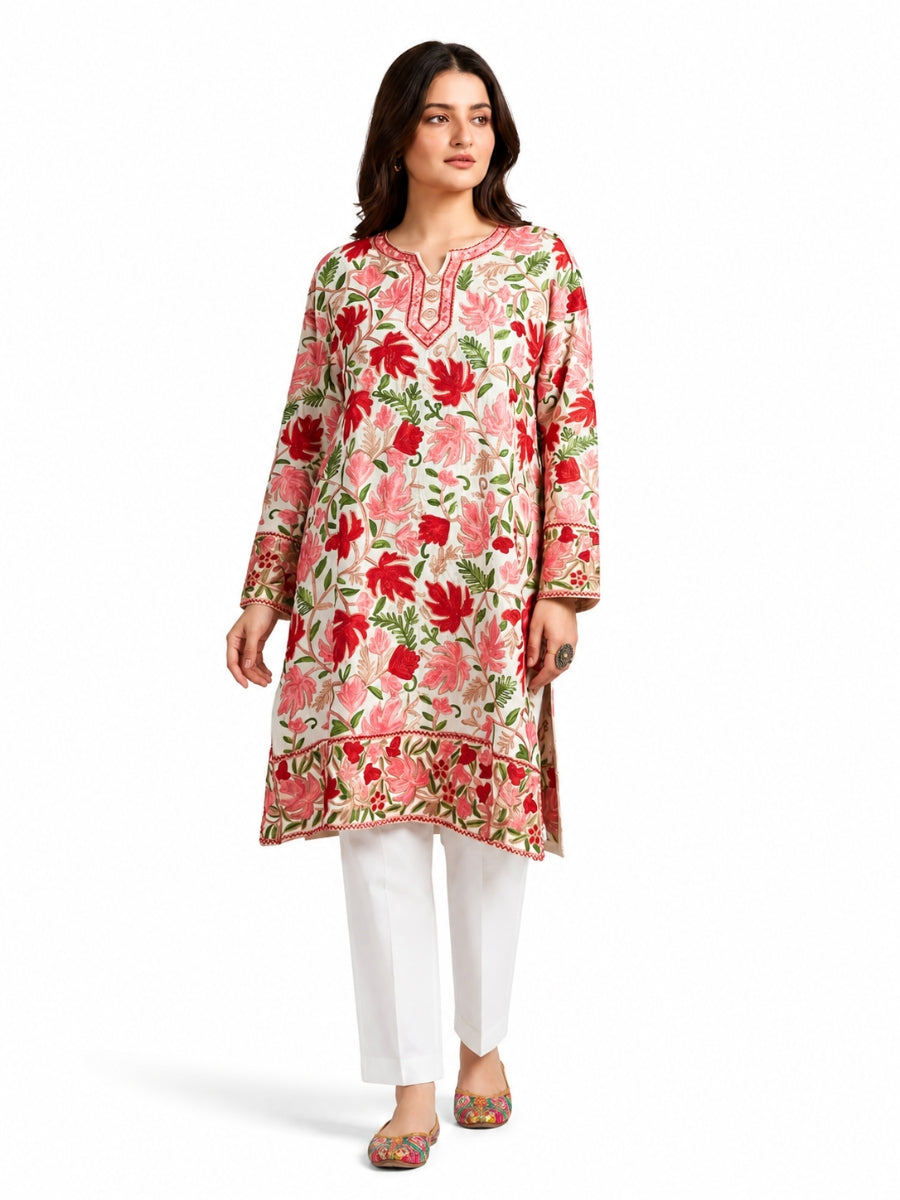 Noor : chinar embroidery summer kurti | Off white pink