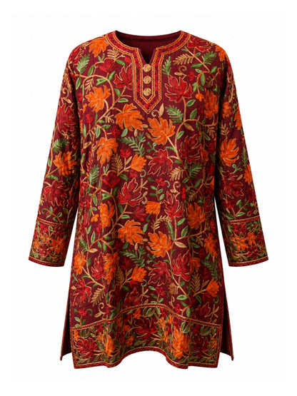 Noor : chinar embroidery summer kurti | Dark Red