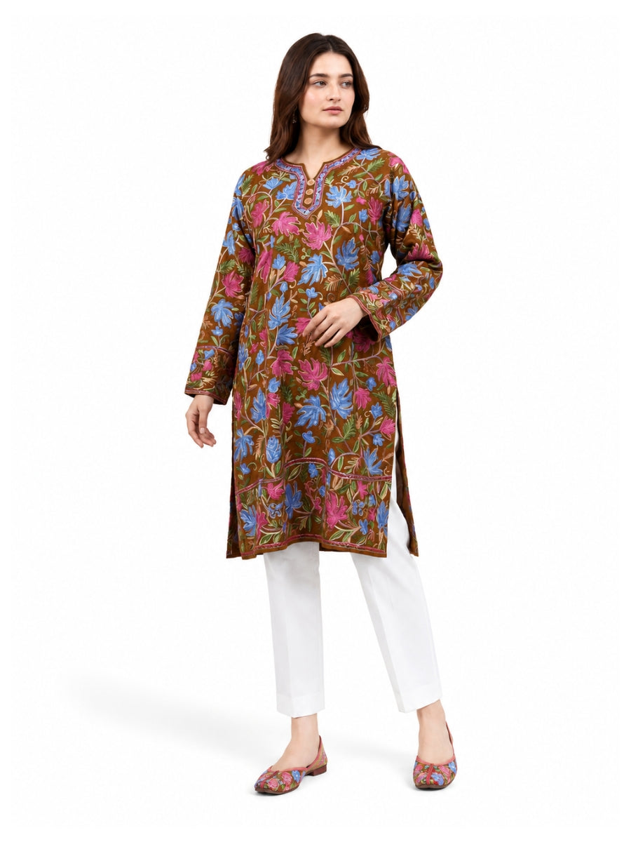 Noor : chinar embroidery summer kurti | Brown