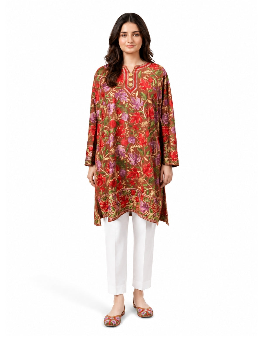 Noor : chinar embroidery summer kurti | Brown