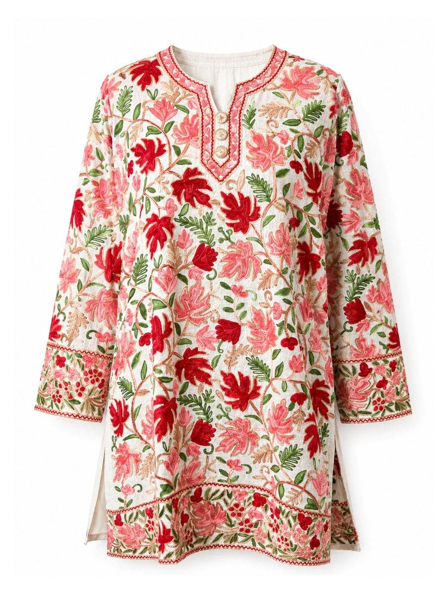Noor : chinar embroidery summer kurti | Off white pink