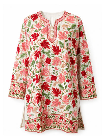 Noor : chinar embroidery summer kurti | Off white pink