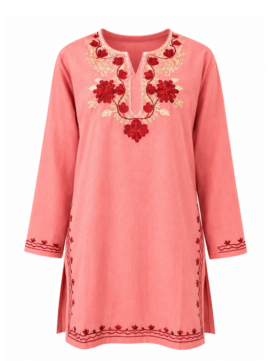 Noor : Aari Embroidery Summer Kurti | Rose Pink