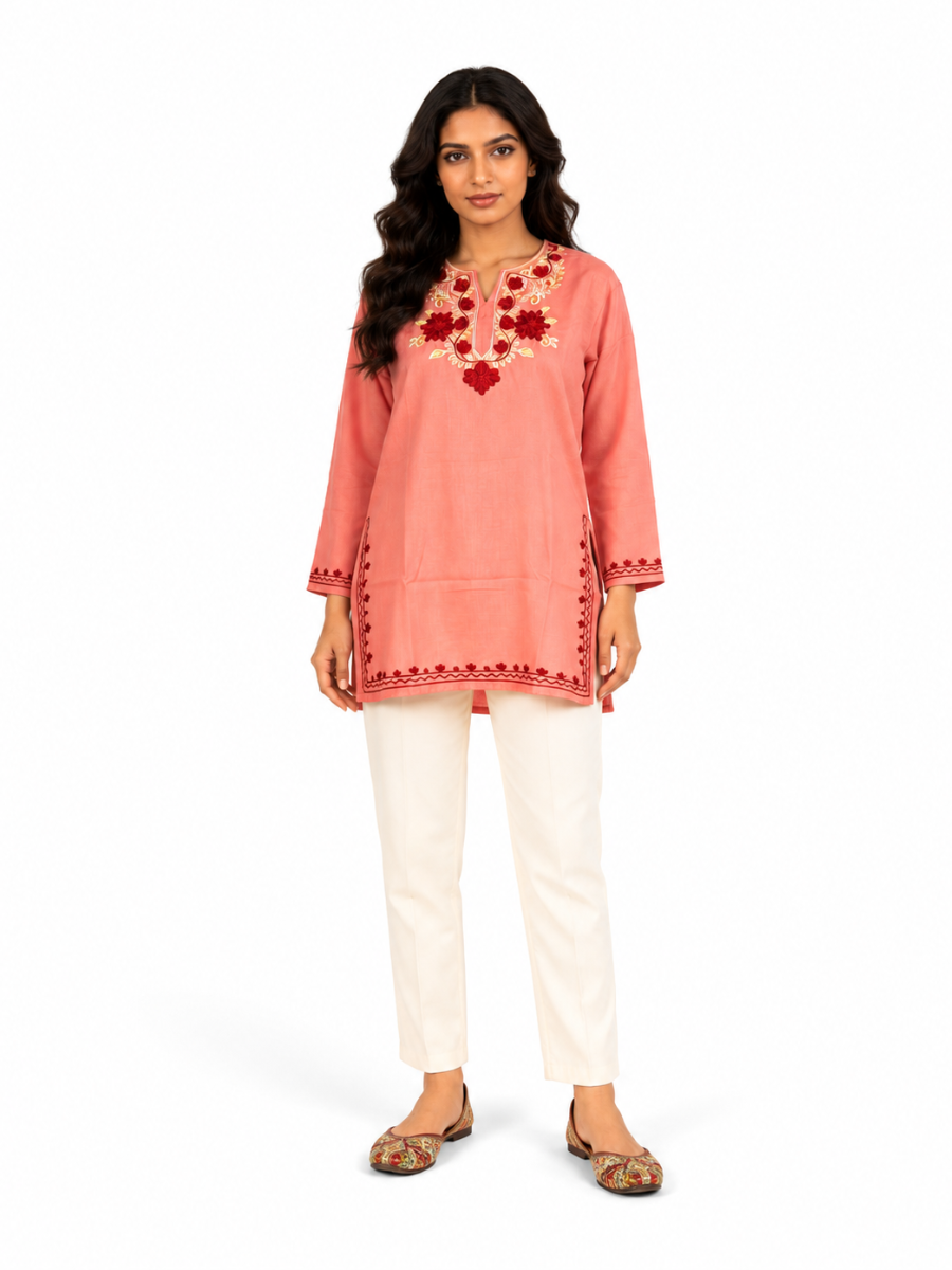 Noor : Aari Embroidery Summer Kurti | Rose Pink