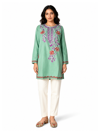 Noor : Aari embroidery summer kurti | Ocean Teal