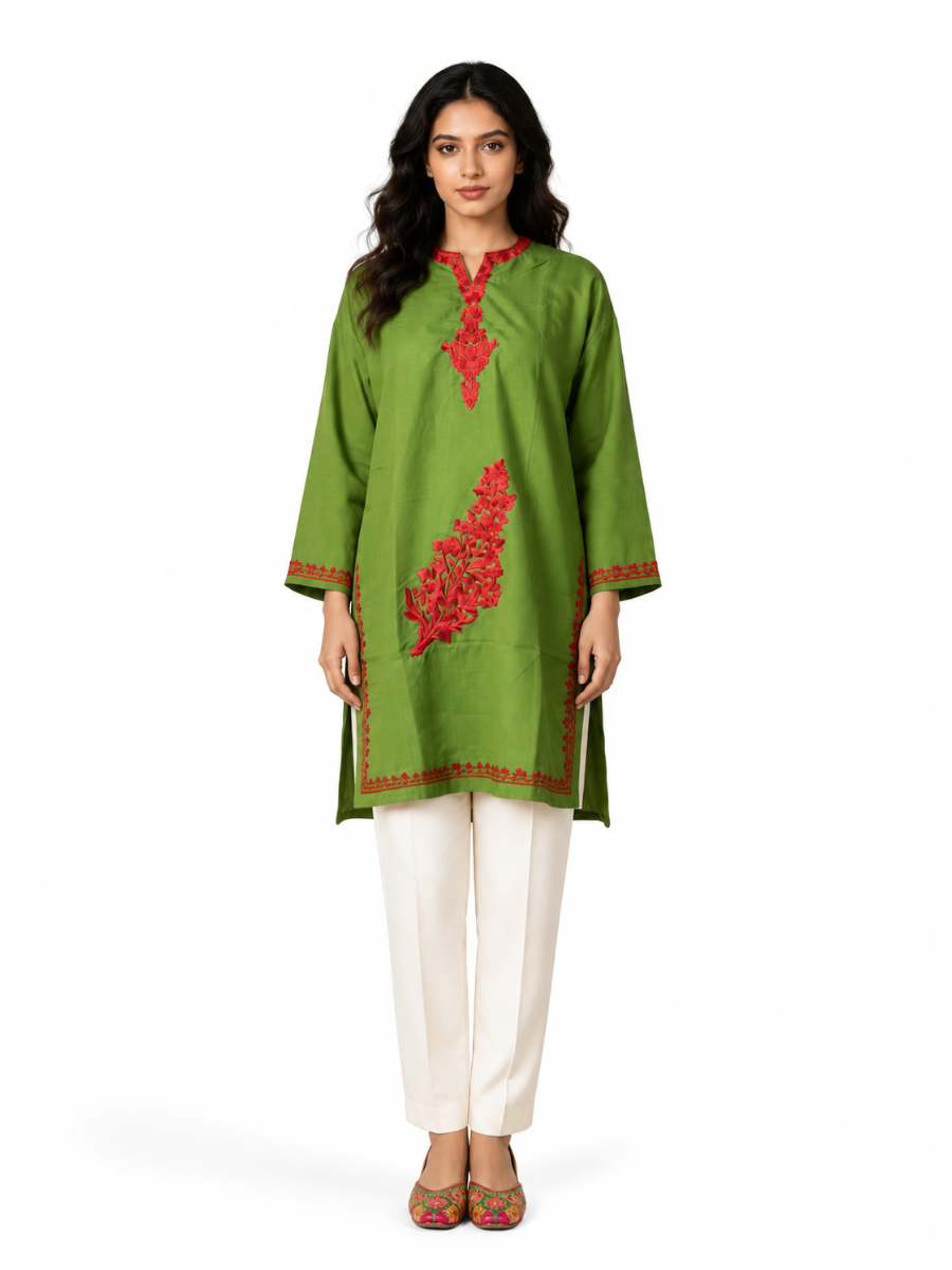 Noor : Aari embroidery summer kurti | Bottle Green