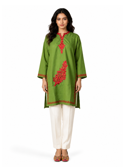 Noor : Aari embroidery summer kurti | Bottle Green
