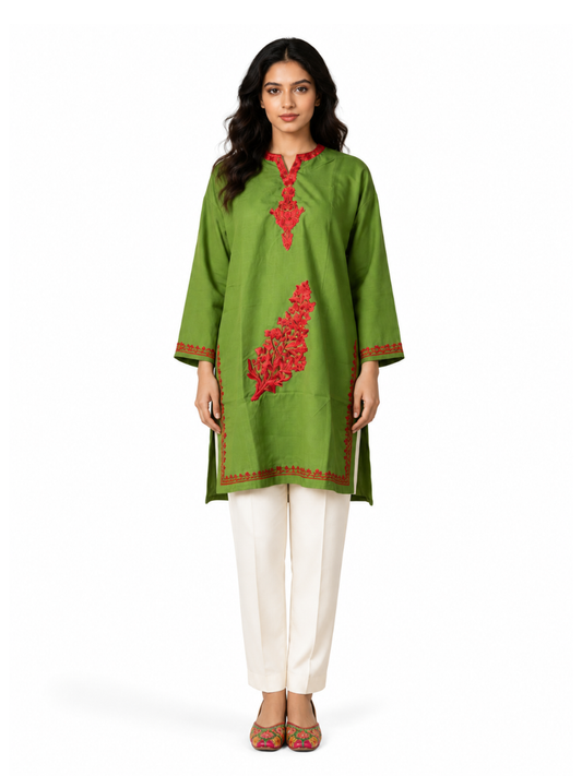 Noor : Aari embroidery summer kurti | Bottle Green