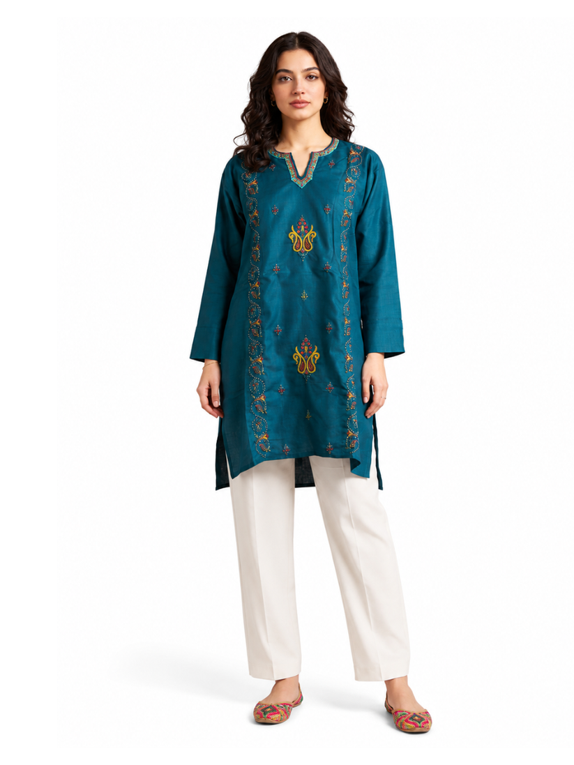 Noor : Sozni embroidery summer kurti | Dark Teal