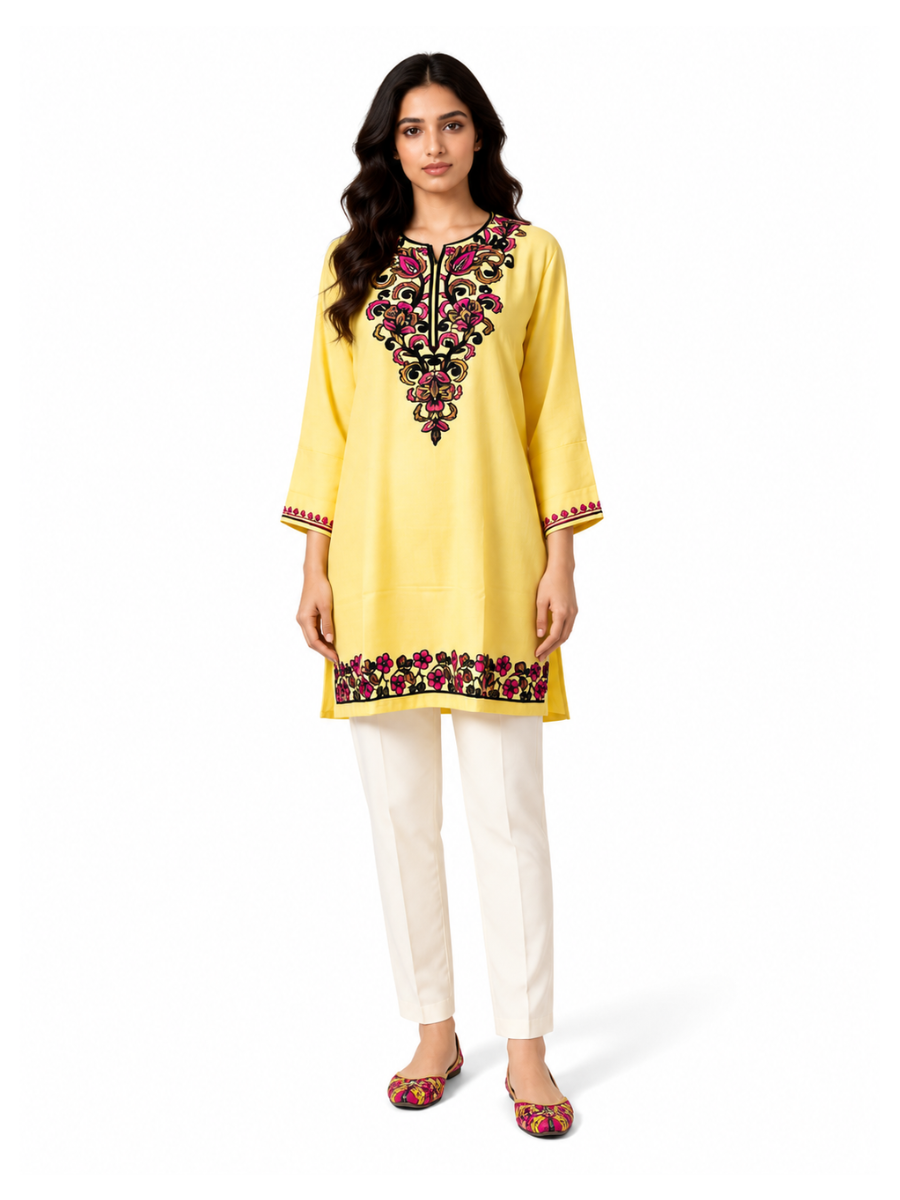 Noor : Aari embroidery summer kurti | Mustard