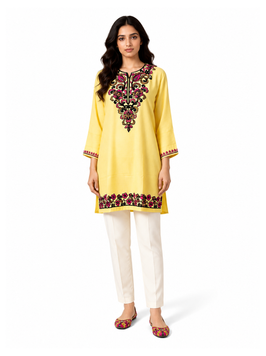 Noor : Aari embroidery summer kurti | Mustard