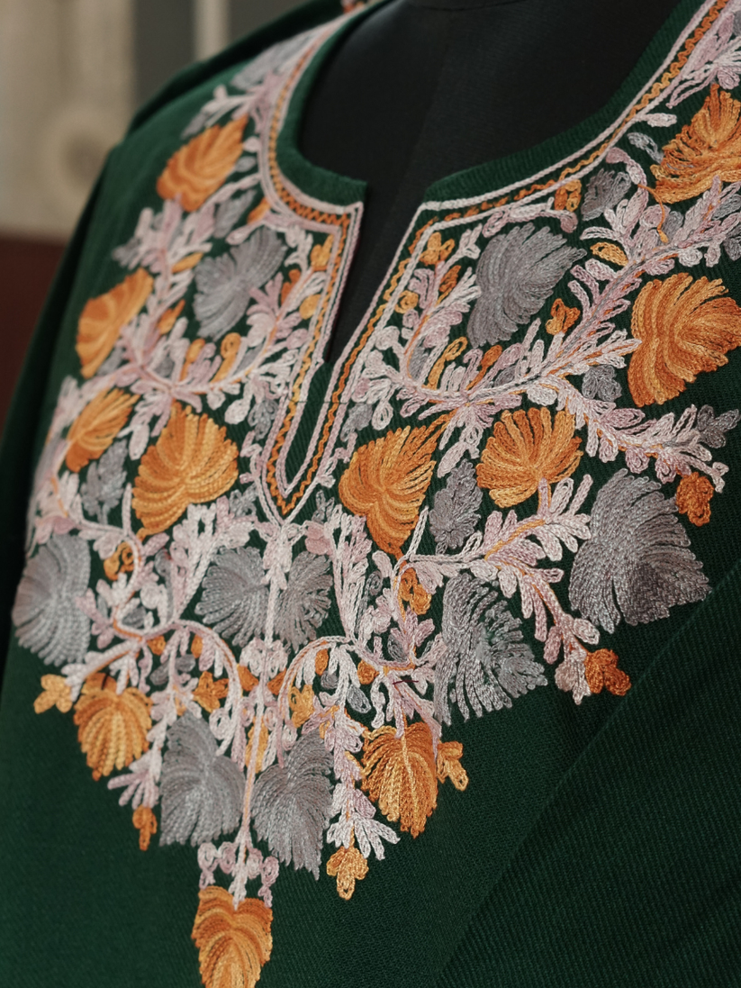 Grey  Green Kashmiri Pheran with Pink Floral Embroidery | Aari Embroidered Wool Phiran