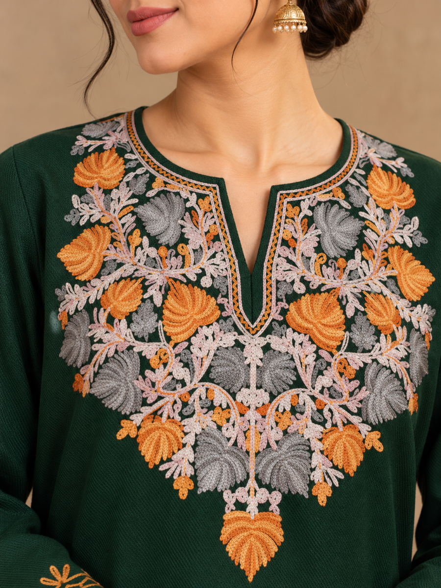 Grey  Green Kashmiri Pheran with Pink Floral Embroidery | Aari Embroidered Wool Phiran