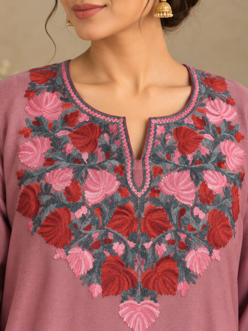 Rose Pink  Kashmiri Pheran with Floral Embroidery | Aari Embroidered Wool Phiran